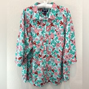 LANDS’ END Floral Button-Down Shirt Aqua Pink Red Print 100% Cotton | 22W